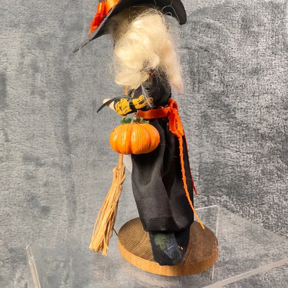 Handmade‎ Halloween Witch Doll on Wood Base Broom Pumpkin Signed Annette